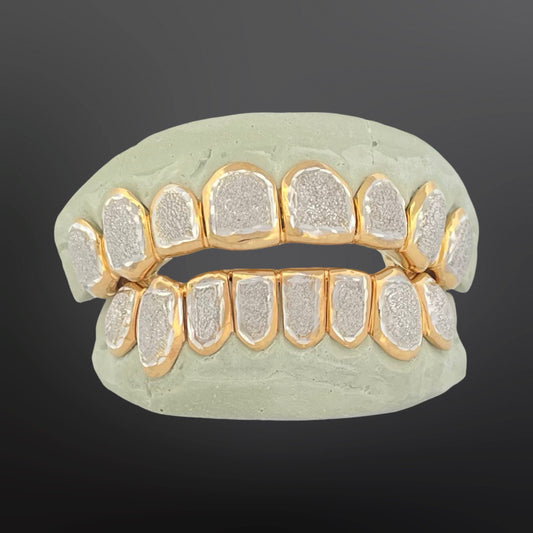 Two Tone Yellow Solid Frames And White Diamond Dust Center Eight Top and Bottom Full Set With Perm Cuts Silver