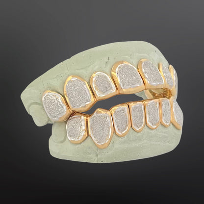 Two Tone Yellow Solid Frames And White Diamond Dust Center Eight Top and Bottom Full Set With Perm Cuts Silver