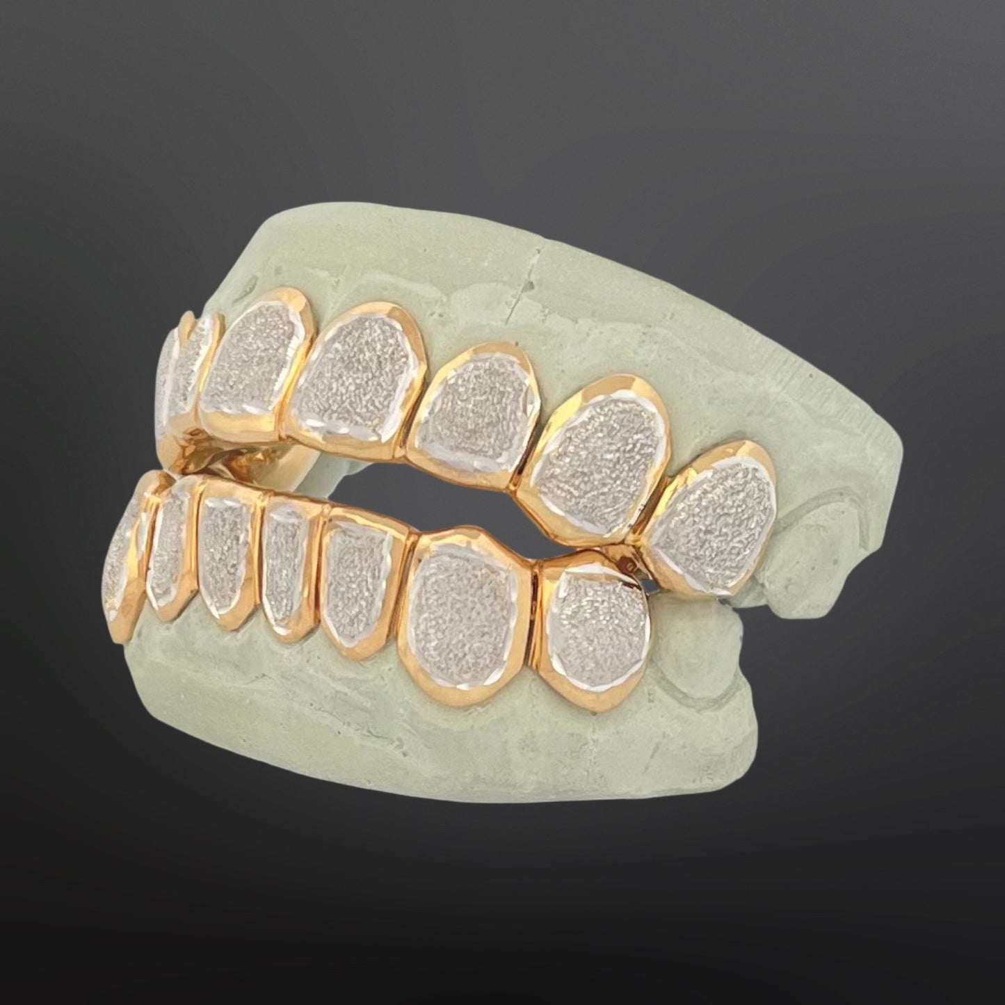 Two Tone Yellow Solid Frames And White Diamond Dust Center Eight Top and Bottom Full Set With Perm Cuts Silver