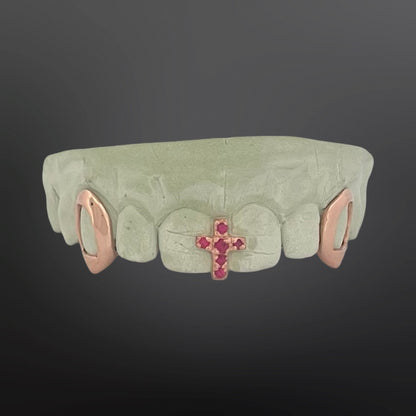 Open Face Fangs with Red Iced Out Cross Gap Filler/Spacer