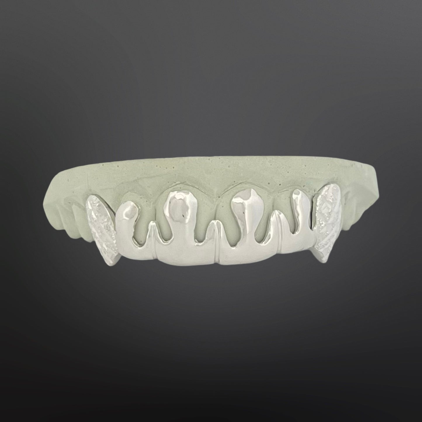 Solid Fang With Diamond Cuts And Diamond Dust And Drip Design Middle Six Teeth Top Set Silver