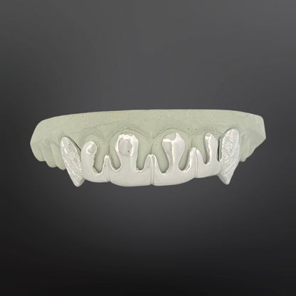 Solid Fang With Diamond Cuts And Diamond Dust And Drip Design Middle Six Teeth Top Set Silver