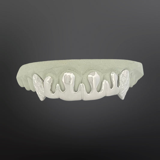 Solid Fang With Diamond Cuts And Diamond Dust And Drip Design Middle Six Teeth Top Set Silver