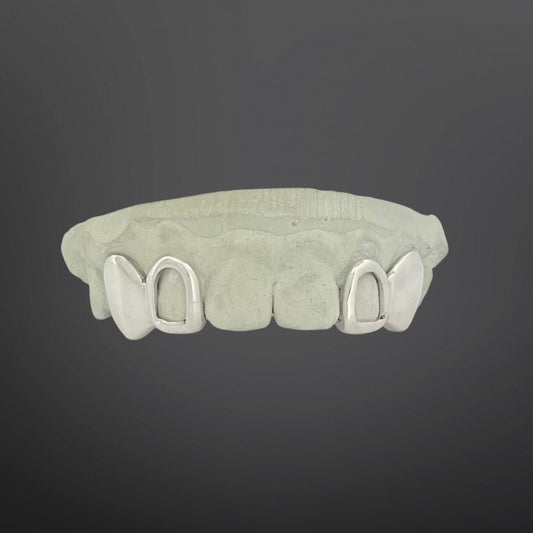 Solid Plain Fang And Open Face With Back Bar Four Teeth Top Set Silver