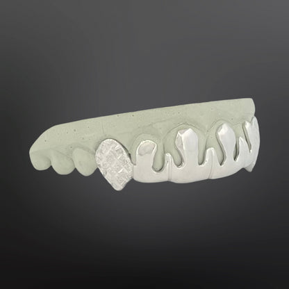 Solid Fang With Diamond Cuts And Diamond Dust And Drip Design Middle Six Teeth Top Set Silver