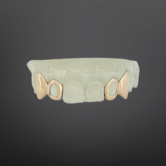 Solid Plain Fangs And Open Face Four Teeth With Back Bar Top Set Natural Gold