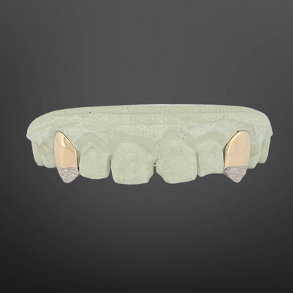 Two Tone Yellow Fangs And White Diamond Cut Tips With Back Bar Natural Gold
