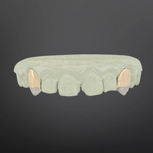 Two Tone Yellow Fangs And White Diamond Cut Tips With Back Bar Natural Gold