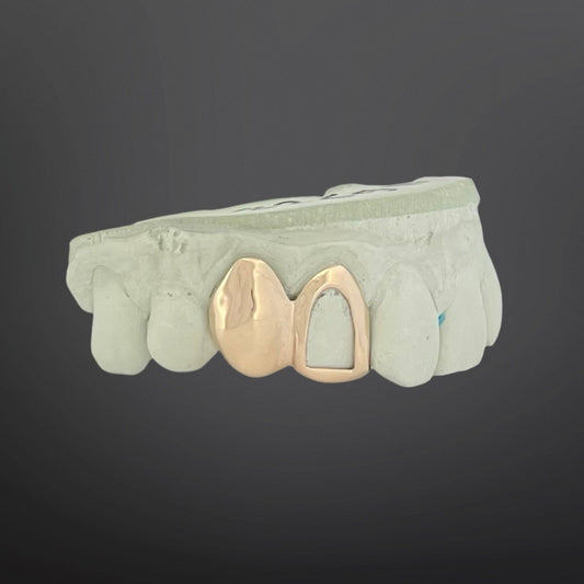 Solid Plain Fang And Open Face Two Teeth Top Set Natural Gold
