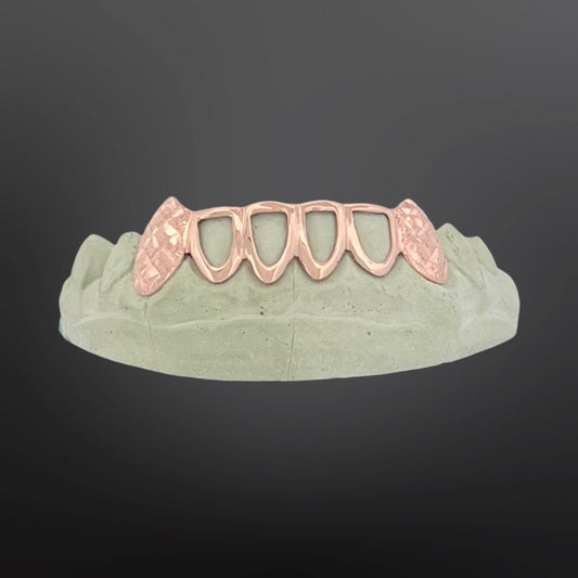 Diamond Dust And Diamond Cuts Fangs And Open Face Six Teeth Bottom Set Silver Rose