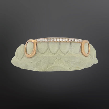Iced Out Bar And Open Face Fangs Six Teeth Bottom Set Silver Yellow