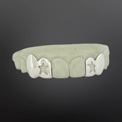 Star Open Face And Solid Plain Four Teeth Top Set With Back Bar Silver