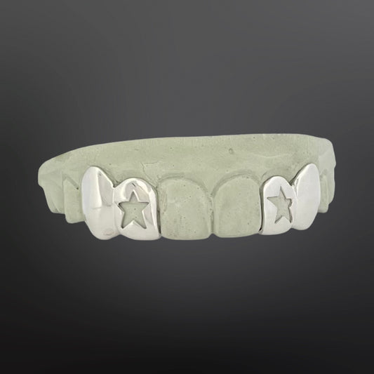 Star Open Face And Solid Plain Four Teeth Top Set With Back Bar Silver