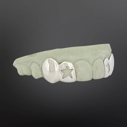 Star Open Face And Solid Plain Four Teeth Top Set With Back Bar Silver
