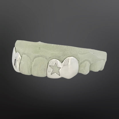 Star Open Face And Solid Plain Four Teeth Top Set With Back Bar Silver