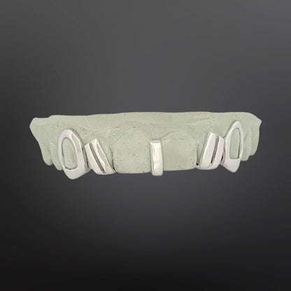 Open Face Fangs And Wing Design And Gap Fill Spacer With Back Bar Four Teeth Top Set Silver