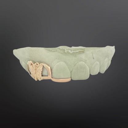 Butterfly On Top Of Open Face and Tip Cover Three Teeth Top Natural Gold 14K