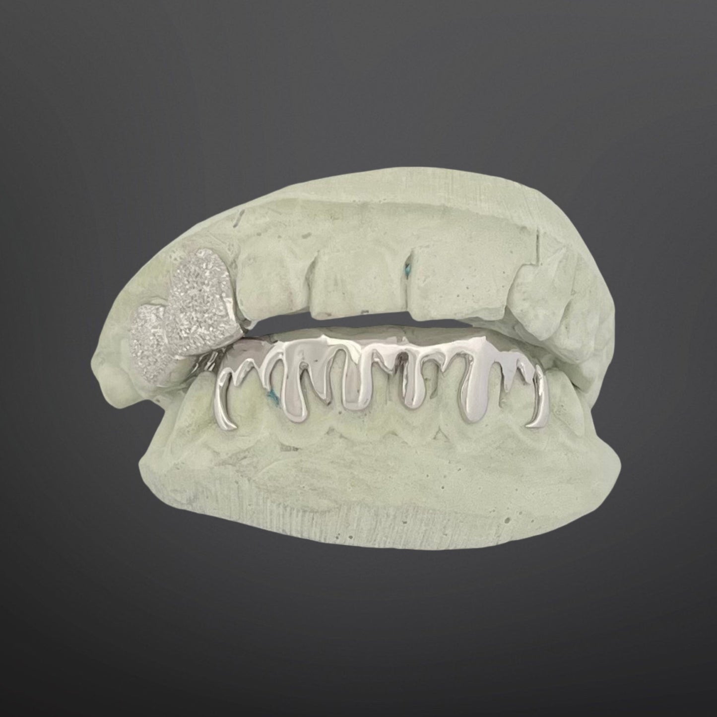 Diamond Dust Top Two Teeth And Drip Design Bottom Six Teeth Full Set Silver White