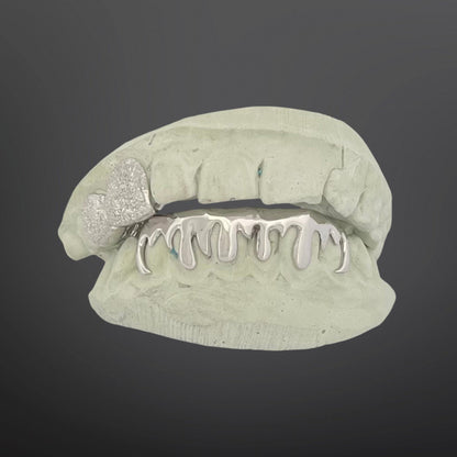 Diamond Dust Top Two Teeth And Drip Design Bottom Six Teeth Full Set Silver White