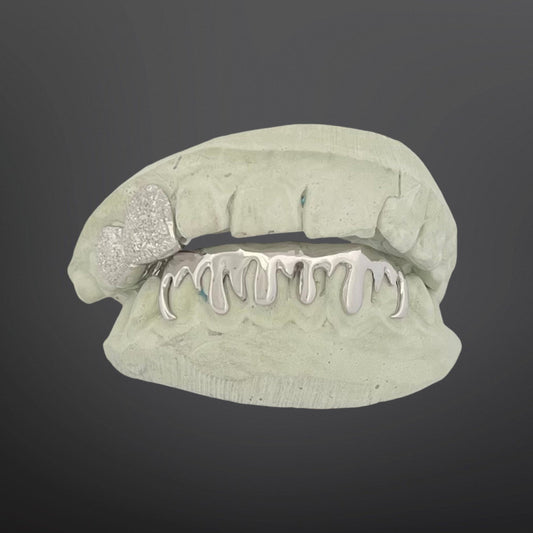Diamond Dust Top Two Teeth And Drip Design Bottom Six Teeth Full Set Silver White