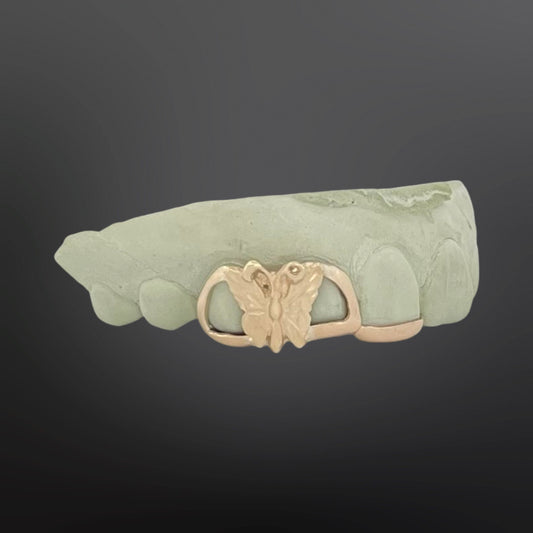 Butterfly On Top Of Open Face and Tip Cover Three Teeth Top Natural Gold 14K