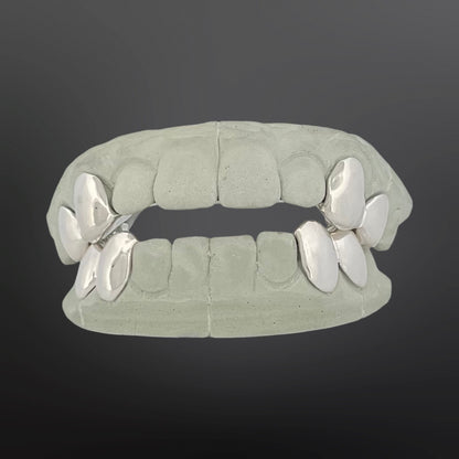 Solid Plain Four Teeth Top And Four Teeth Bottom With Back Bar Full Set Silver