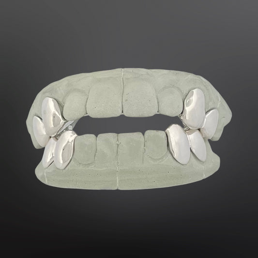 Solid Plain Four Teeth Top And Four Teeth Bottom With Back Bar Full Set Silver